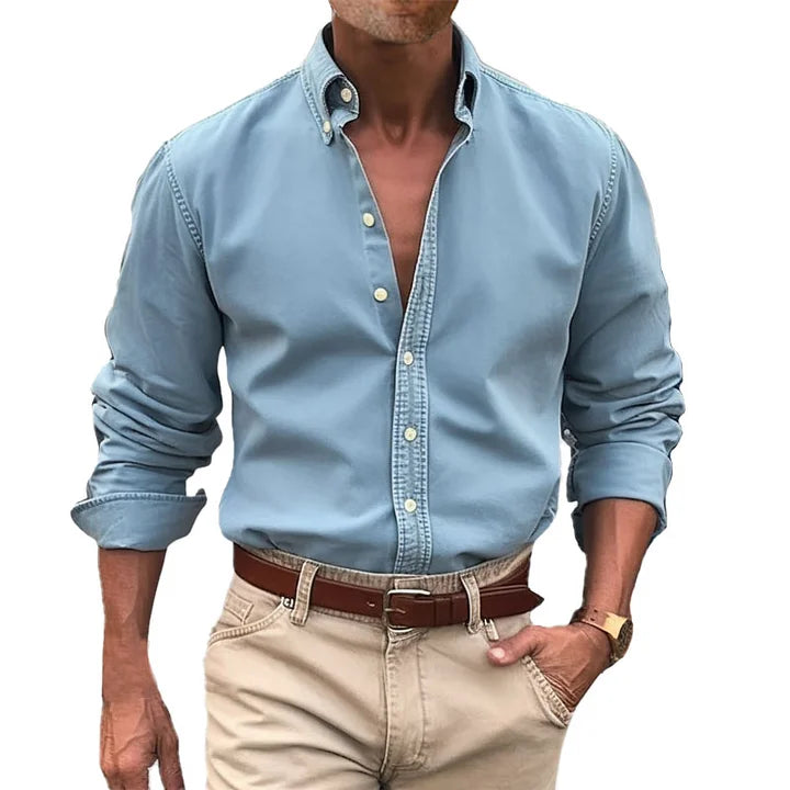 Men's button-up shirt durable long sleeve work attire - versatile office and casual wear