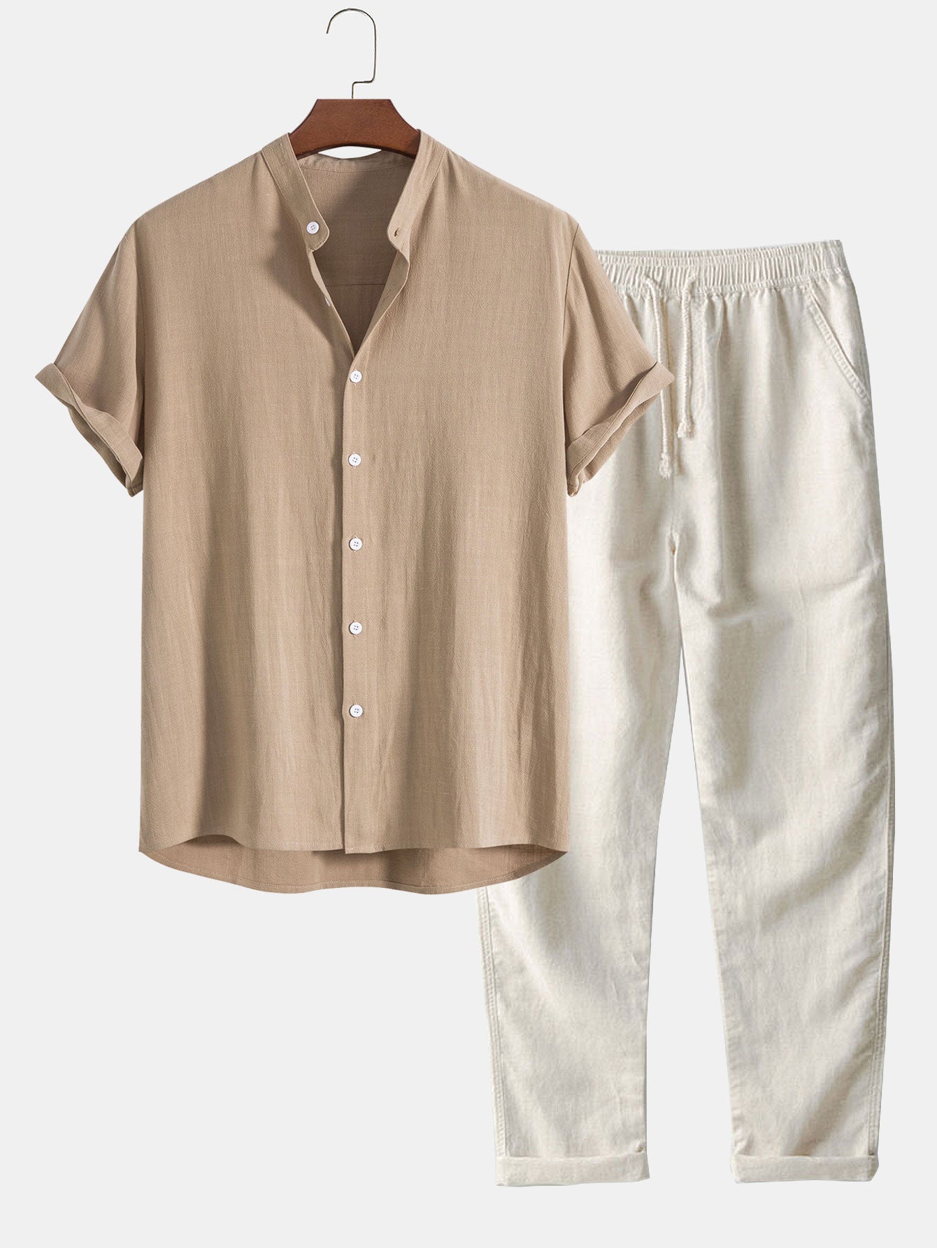 2-piece men's linen trousers and short sleeve shirt set - casual summer attire