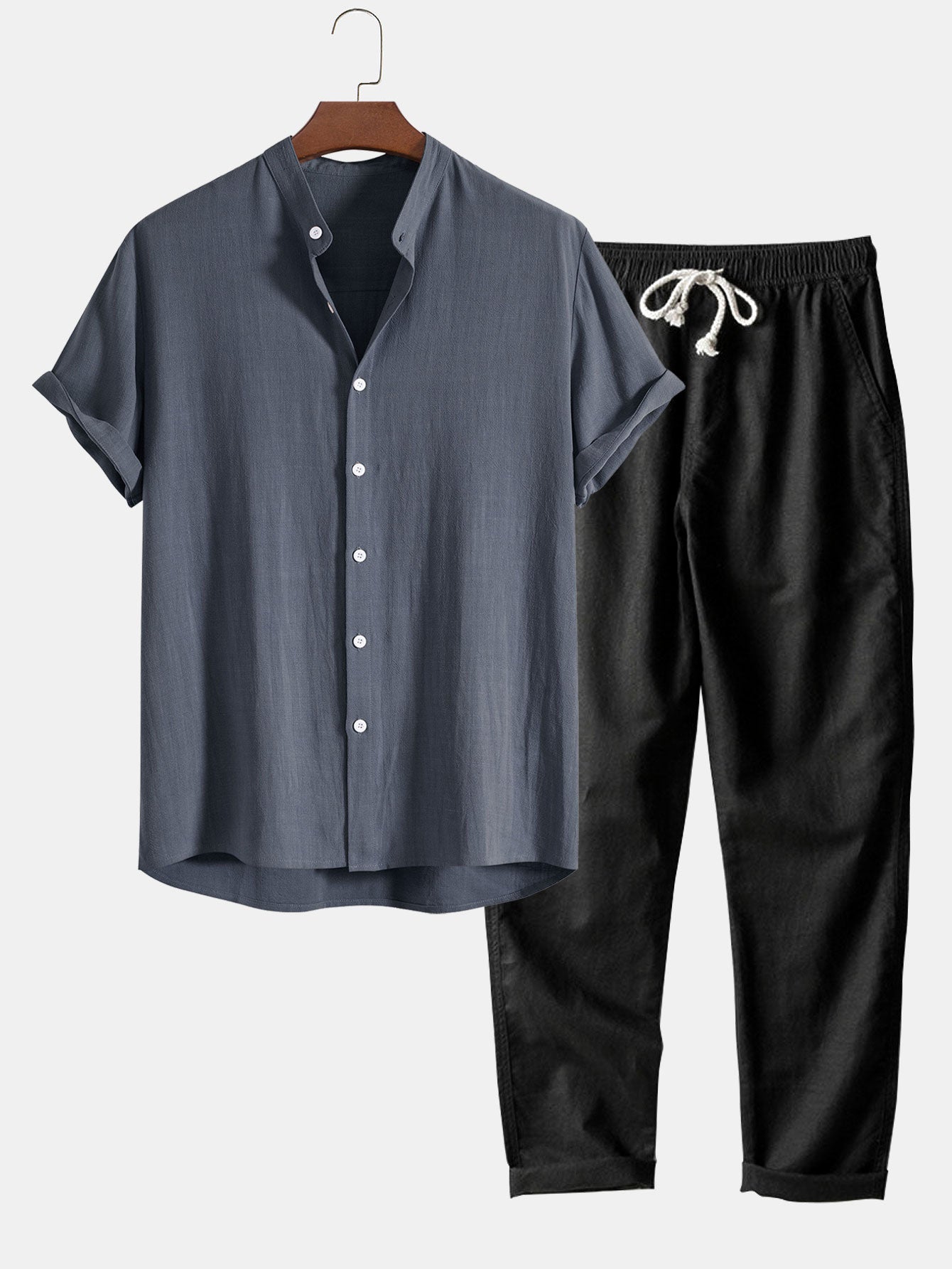 2-piece men's linen trousers and short sleeve shirt set - casual summer attire