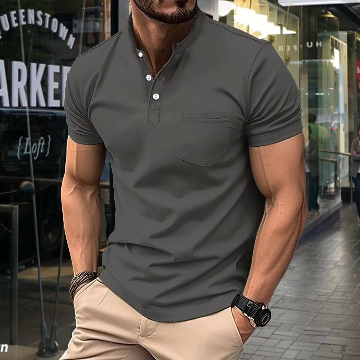 Men's half collar polo shirt - versatile casual wear with lightweight fabric