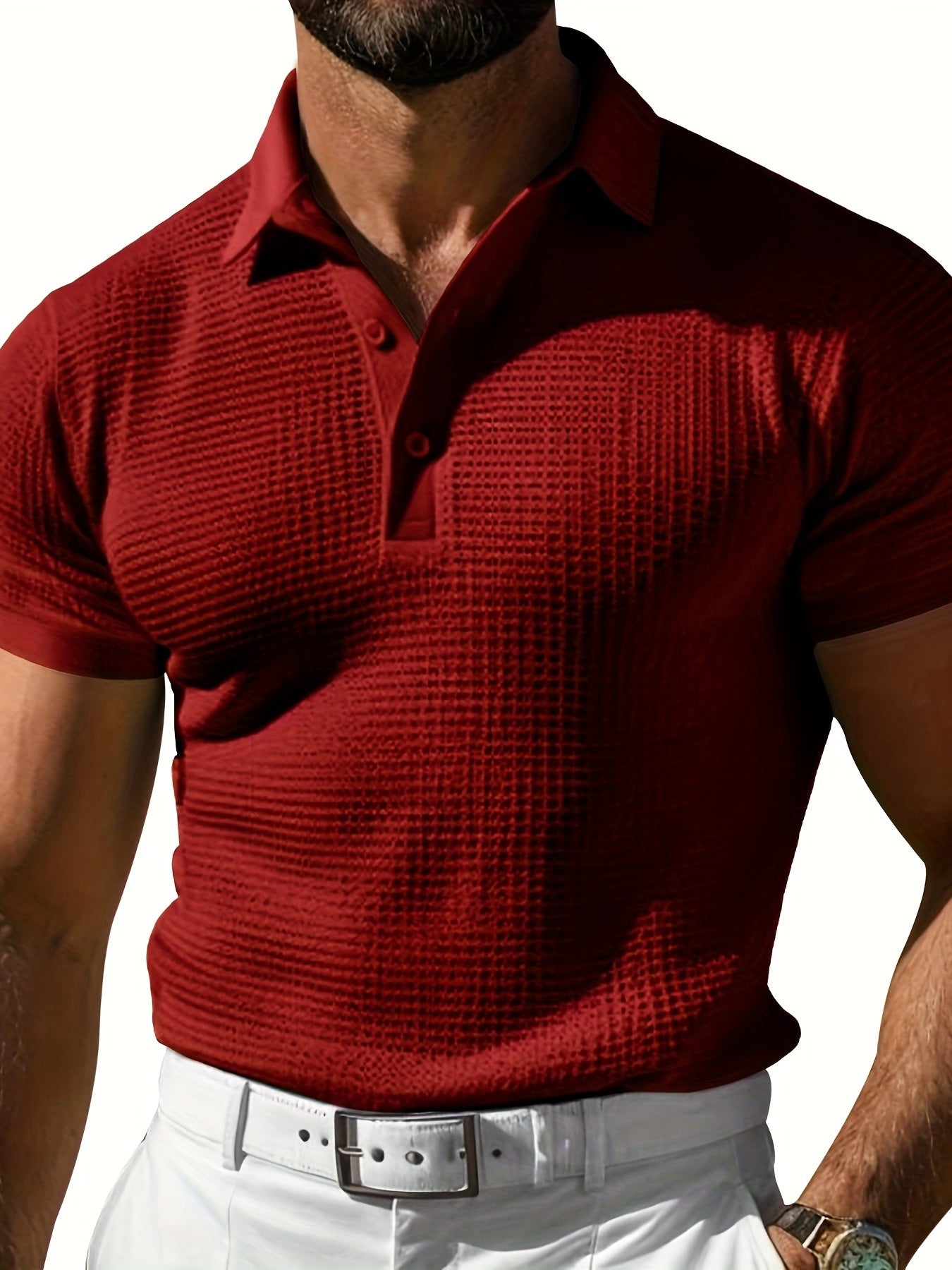 Men's waffle knit polo shirt - breathable casual top for everyday wear