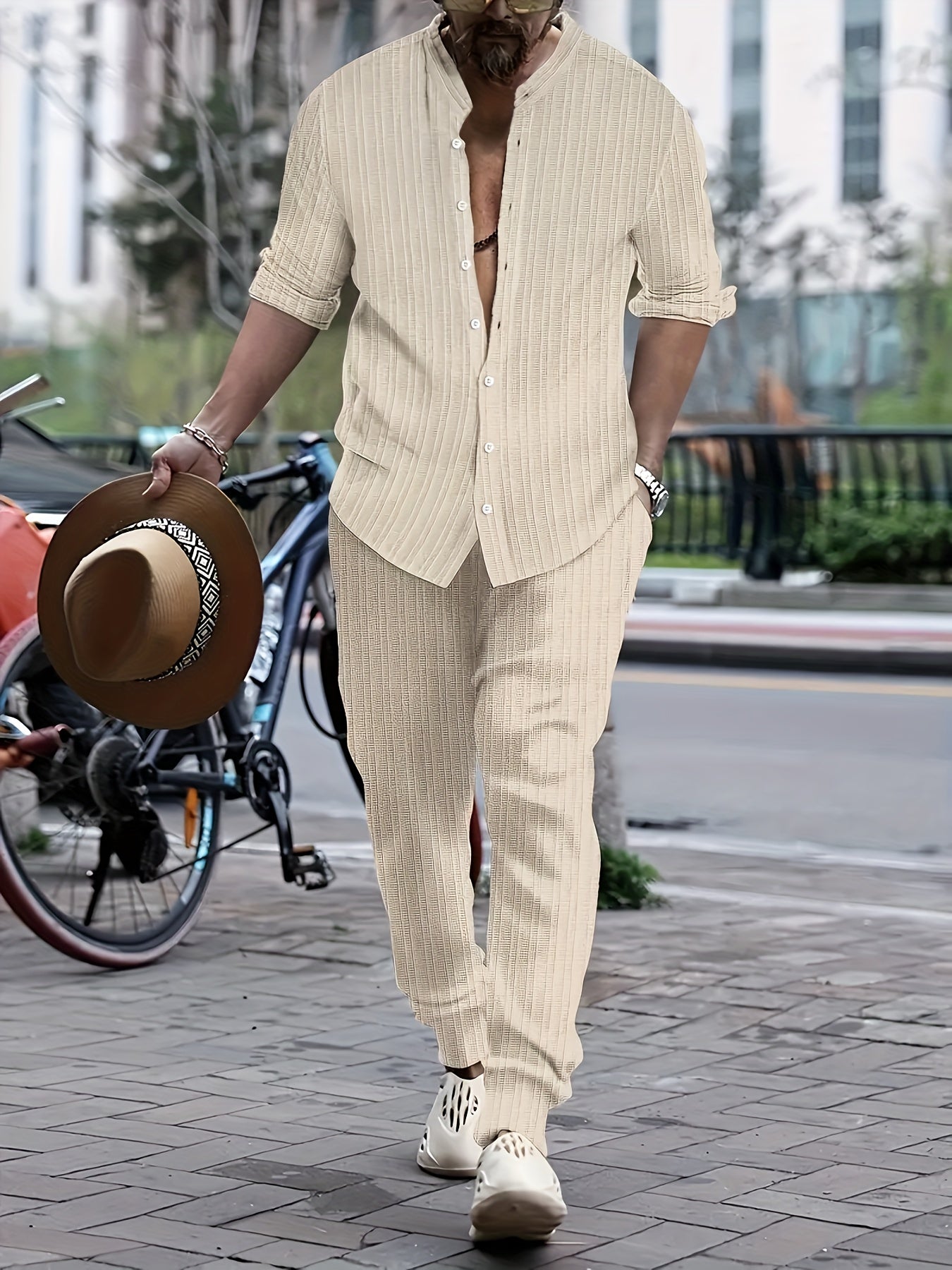 2-piece men's casual outfit stylish shirt and trousers set - everyday wear for weekend outings