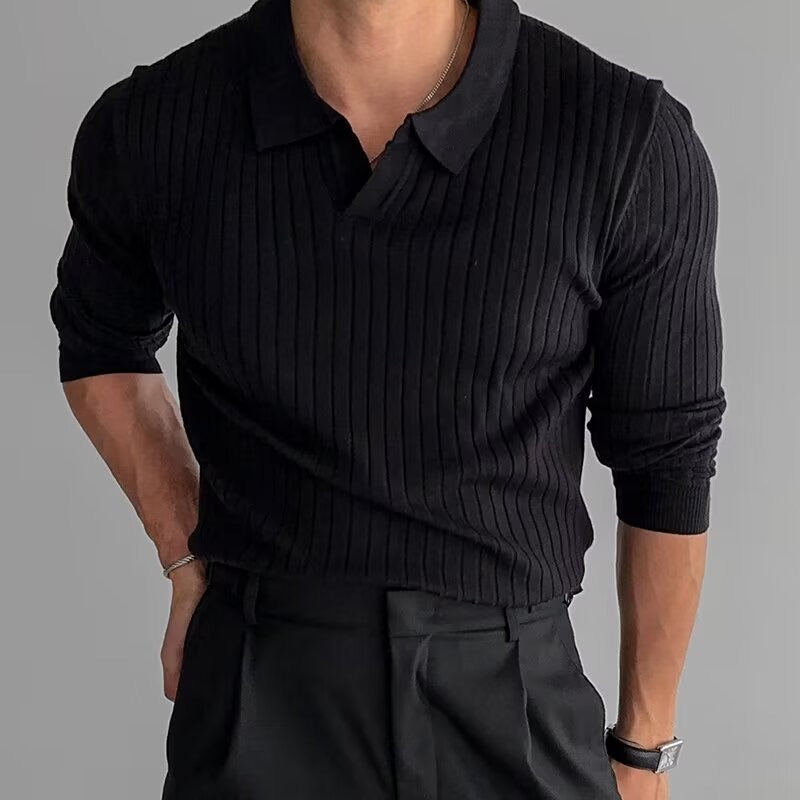 Men's ribbed knit polo shirt long sleeve - textured casual attire for smart-casual occasions