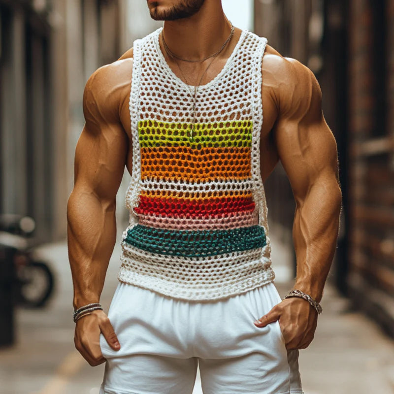 Men's crochet tank top vibrant rainbow stripes - casual summer style