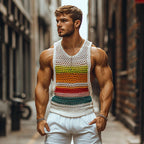 Men's crochet tank top vibrant rainbow stripes - casual summer style