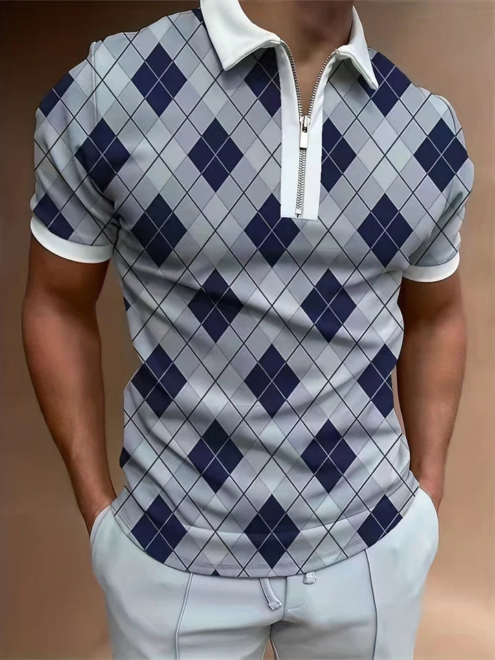 Men's polo shirt - zip fastening short sleeve casual wear with diamond pattern, breathable fabric