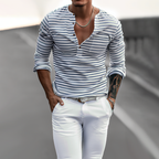 Men's long sleeve striped henley shirt in white and blue - smart casual attire for everyday wear