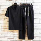 2-piece men's casual linen set - stylish short sleeve top and trousers for summer outings