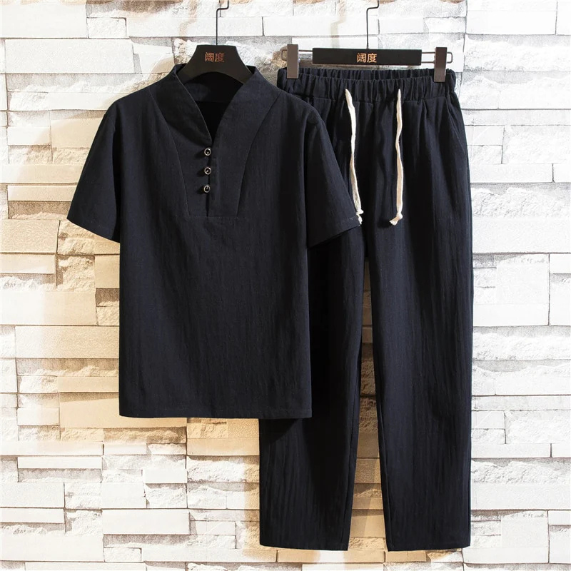 2-piece men's casual linen set - stylish short sleeve top and trousers for summer outings