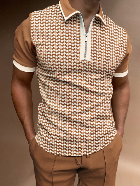 Men's zip neck polo shirt contemporary casual wear - premium fabric short sleeve top for smart-casual outings