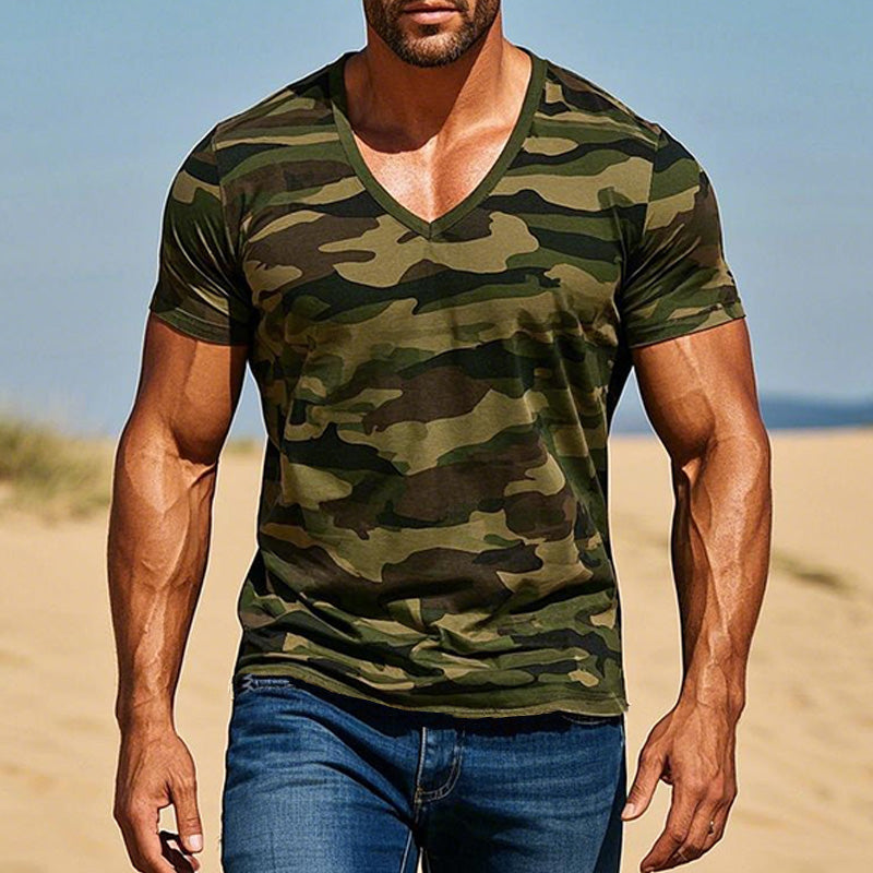 Men's t-shirt green camouflage v-neck casual top - stylish short sleeve tee for everyday wear
