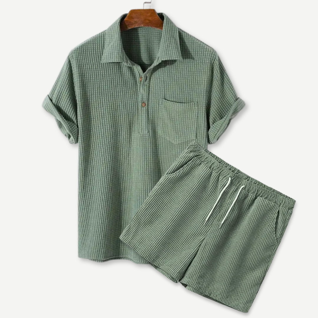 2-piece men's waffle polo & shorts set - cozy casualwear for relaxed days
