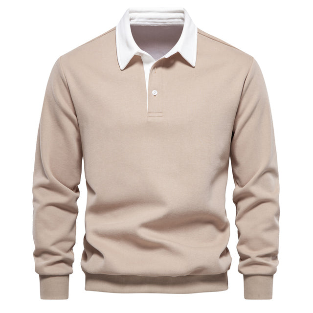 Men's polo neck sweatshirt versatile long sleeve pullover - quality cotton casual attire
