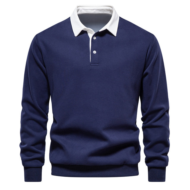 Men's polo neck sweatshirt versatile long sleeve pullover - quality cotton casual attire