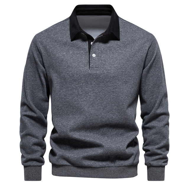 Men's polo neck sweatshirt versatile long sleeve pullover - quality cotton casual attire