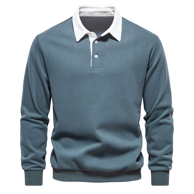 Men's polo neck sweatshirt versatile long sleeve pullover - quality cotton casual attire