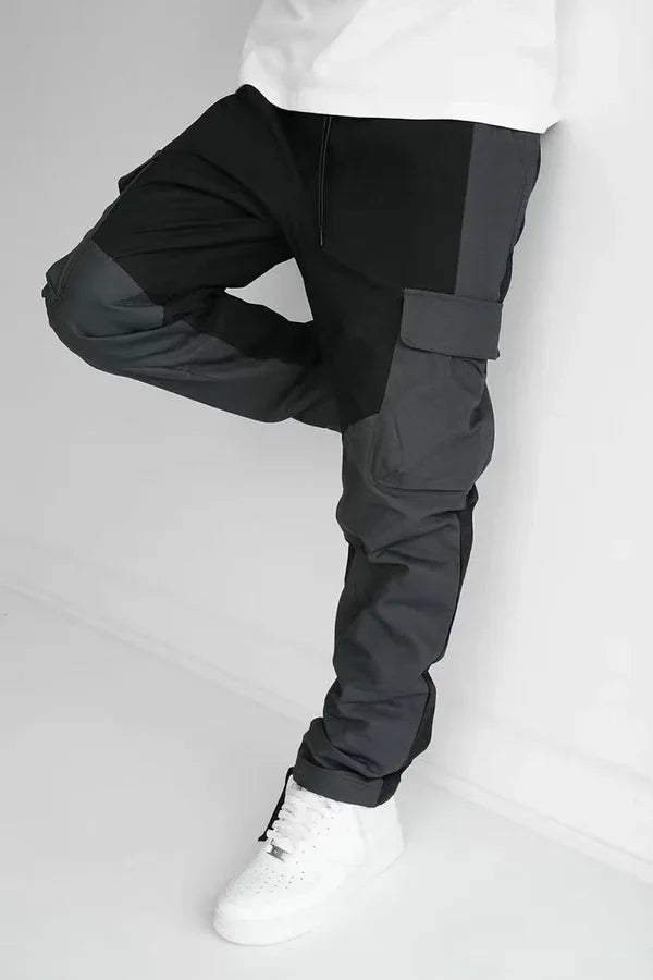 Men's cargo pants functional black/grey panel design for casual wear - stylish and practical trousers
