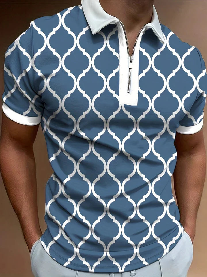 Men's polo shirt - zip fastening short sleeve casual wear with diamond pattern, breathable fabric