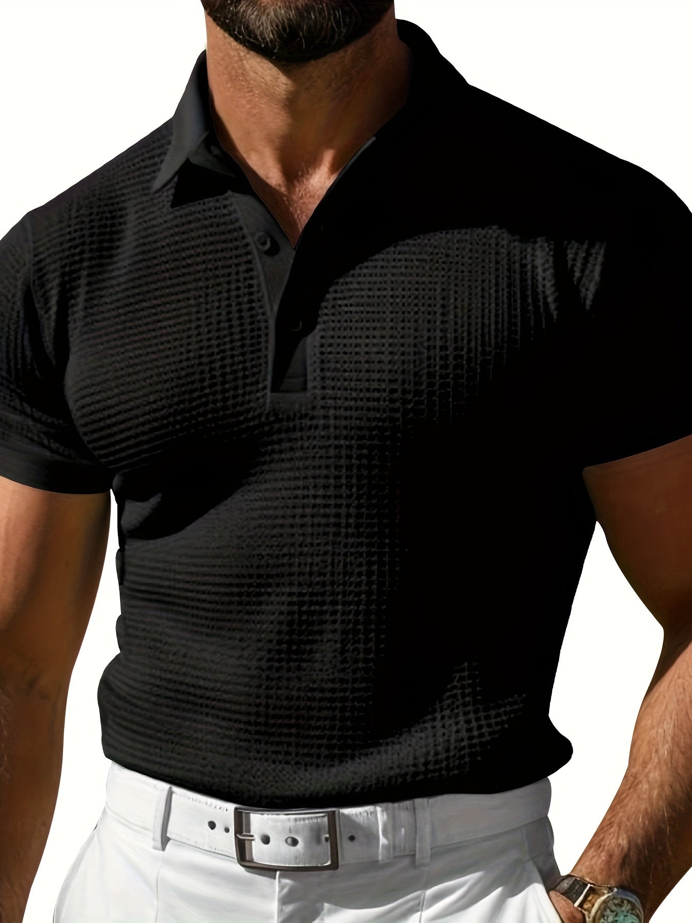 Men's waffle knit polo shirt - breathable casual top for everyday wear