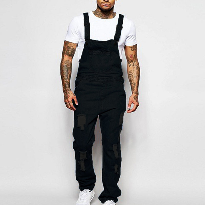 Men's distressed denim overalls casual wear - versatile loose-fit jumpsuit for everyday use