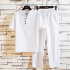 2-piece men's casual linen set - stylish short sleeve top and trousers for summer outings