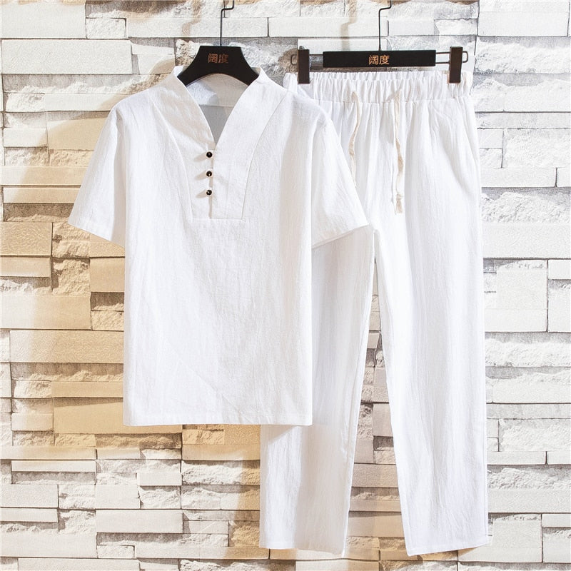 2-piece men's casual linen set - stylish short sleeve top and trousers for summer outings