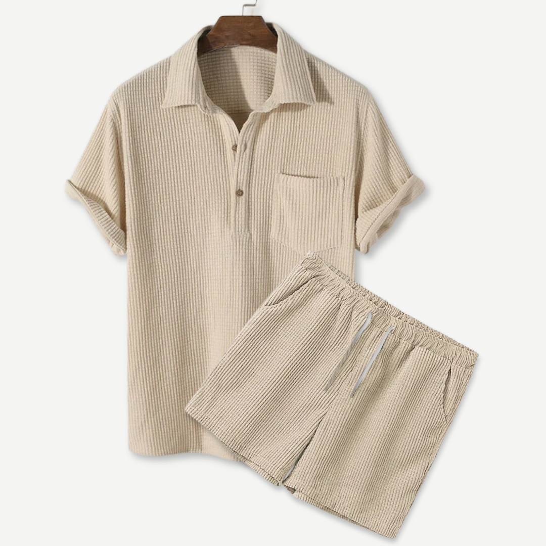 2-piece men's waffle polo & shorts set - cozy casualwear for relaxed days