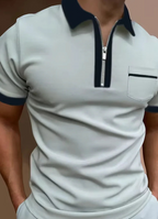 Men's polo shirt casual attire with zip-up design - short sleeve top with chest pocket for weekend wear