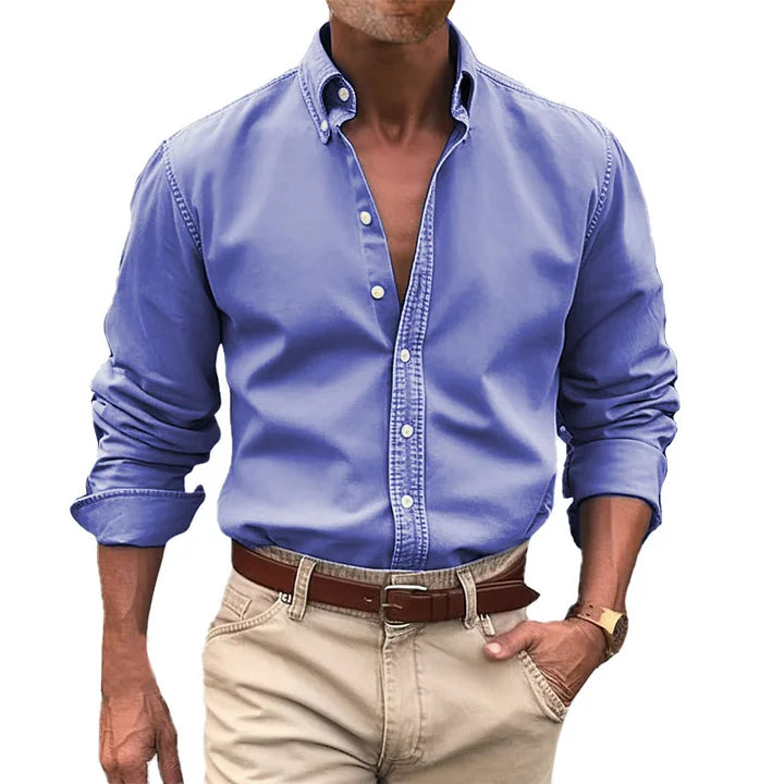 Men's button-up shirt durable long sleeve work attire - versatile office and casual wear
