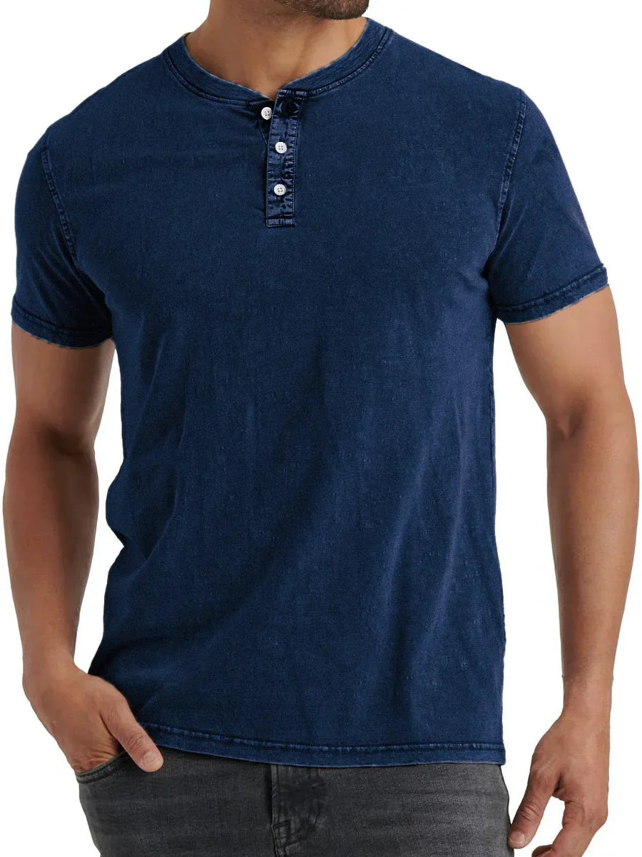 Men's denim henley t-shirt relaxed casual top - versatile stylish fit for everyday wear