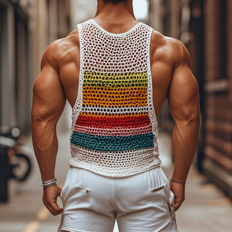 Men's crochet tank top vibrant rainbow stripes - casual summer style