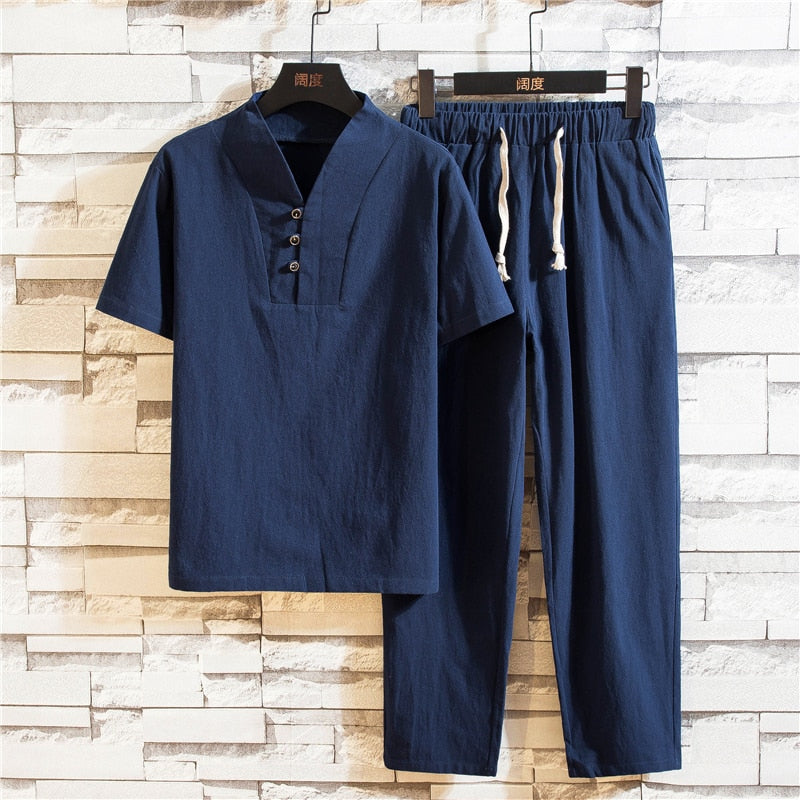 2-piece men's casual linen set - stylish short sleeve top and trousers for summer outings