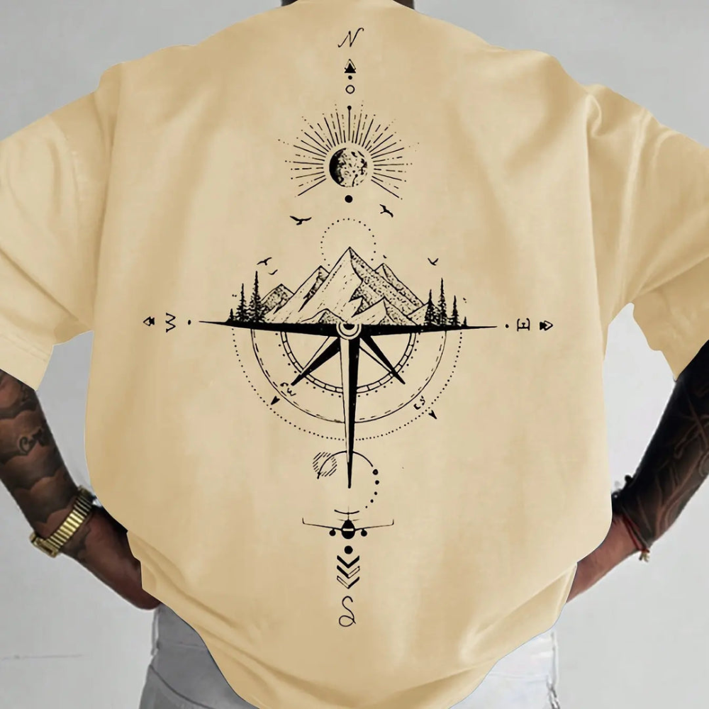 Men's graphic tee with unique compass design - casual adventure wear for men