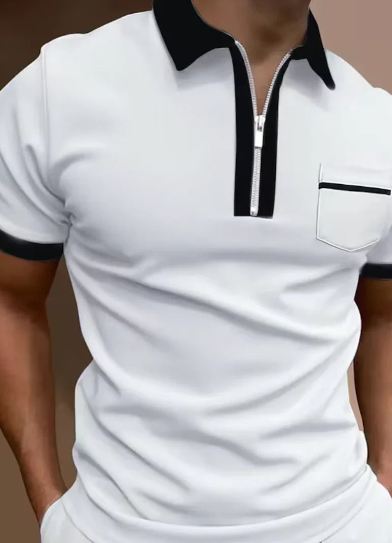 Men's polo shirt casual attire with zip-up design - short sleeve top with chest pocket for weekend wear