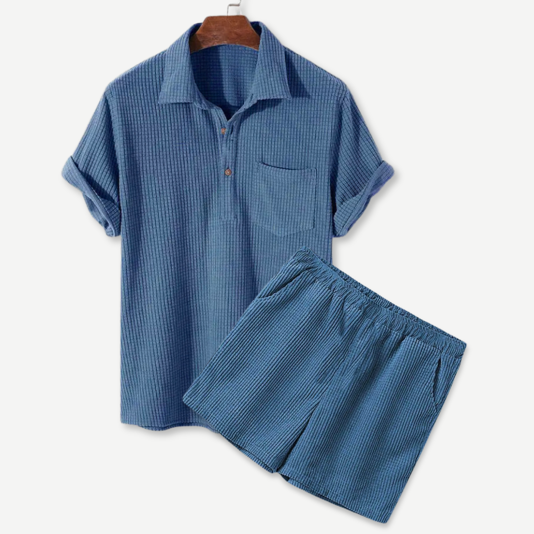2-piece men's waffle polo & shorts set - cozy casualwear for relaxed days