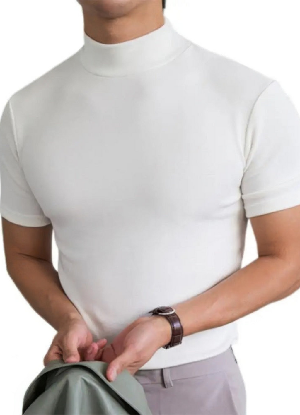 Men's short sleeve t-shirt trendy high neck everyday wear - modern lightweight knit top for casual outings