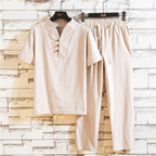 2-piece men's casual linen set - stylish short sleeve top and trousers for summer outings