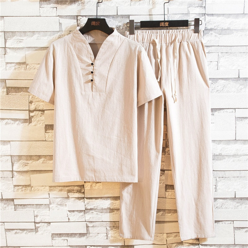 2-piece men's casual linen set - stylish short sleeve top and trousers for summer outings