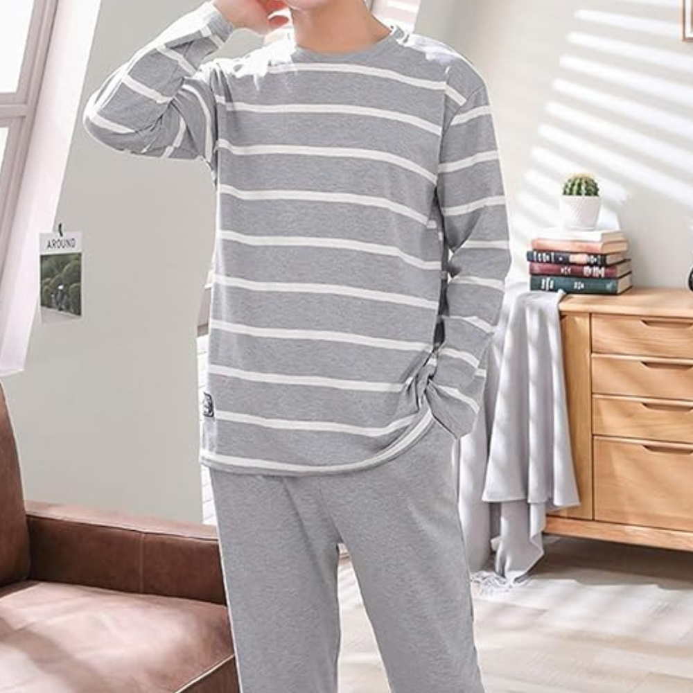 2-piece men's lounge set soft cotton pyjama set - casual sleepwear with long sleeve top and trousers