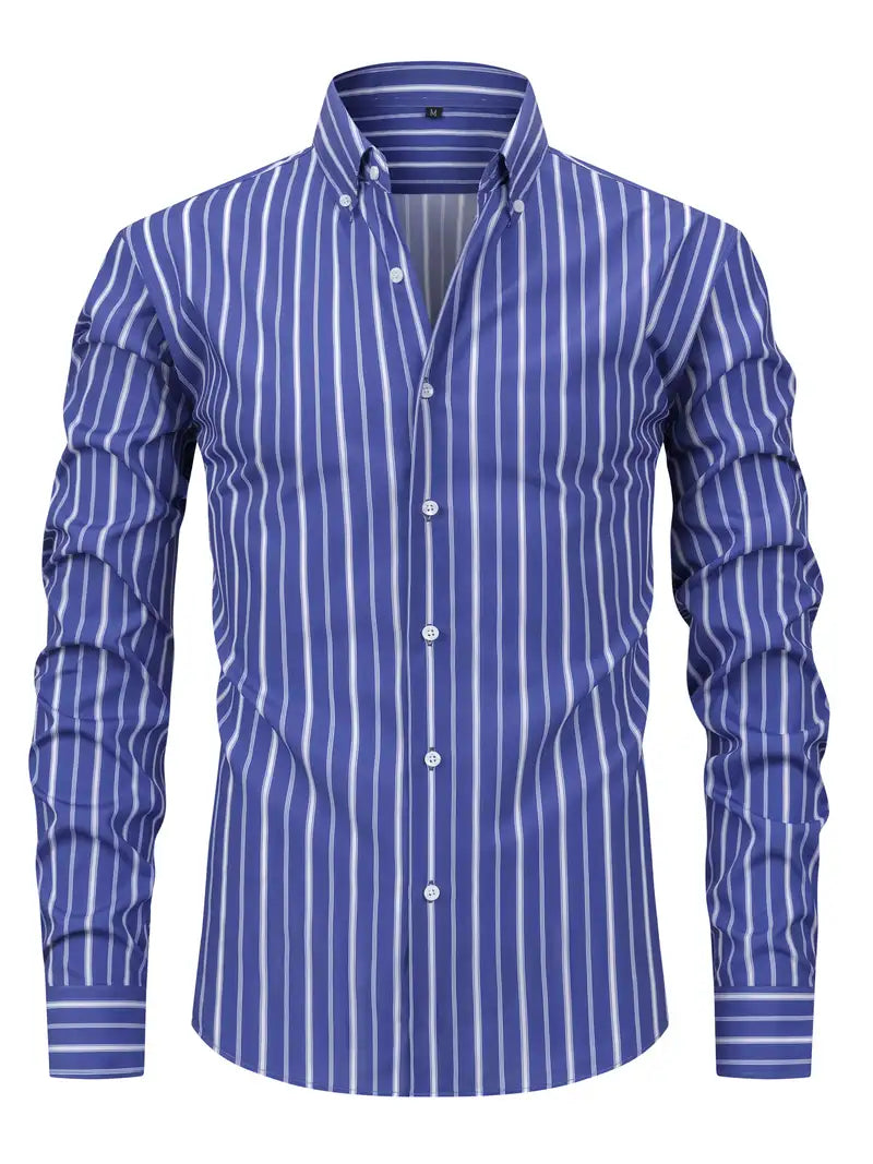 Men's long sleeve striped shirt - classic tailored fit for office and casual wear
