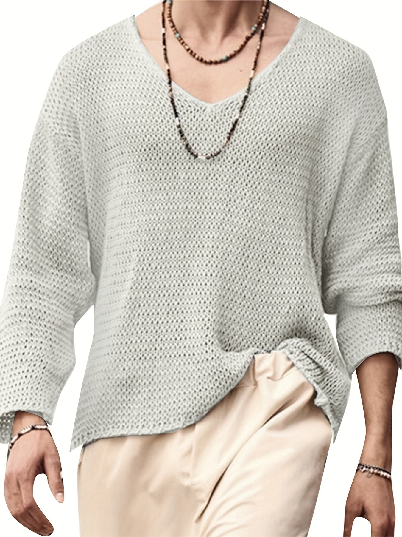 Men's lightweight v-neck knit top - trendy long sleeve casual wear for everyday comfort
