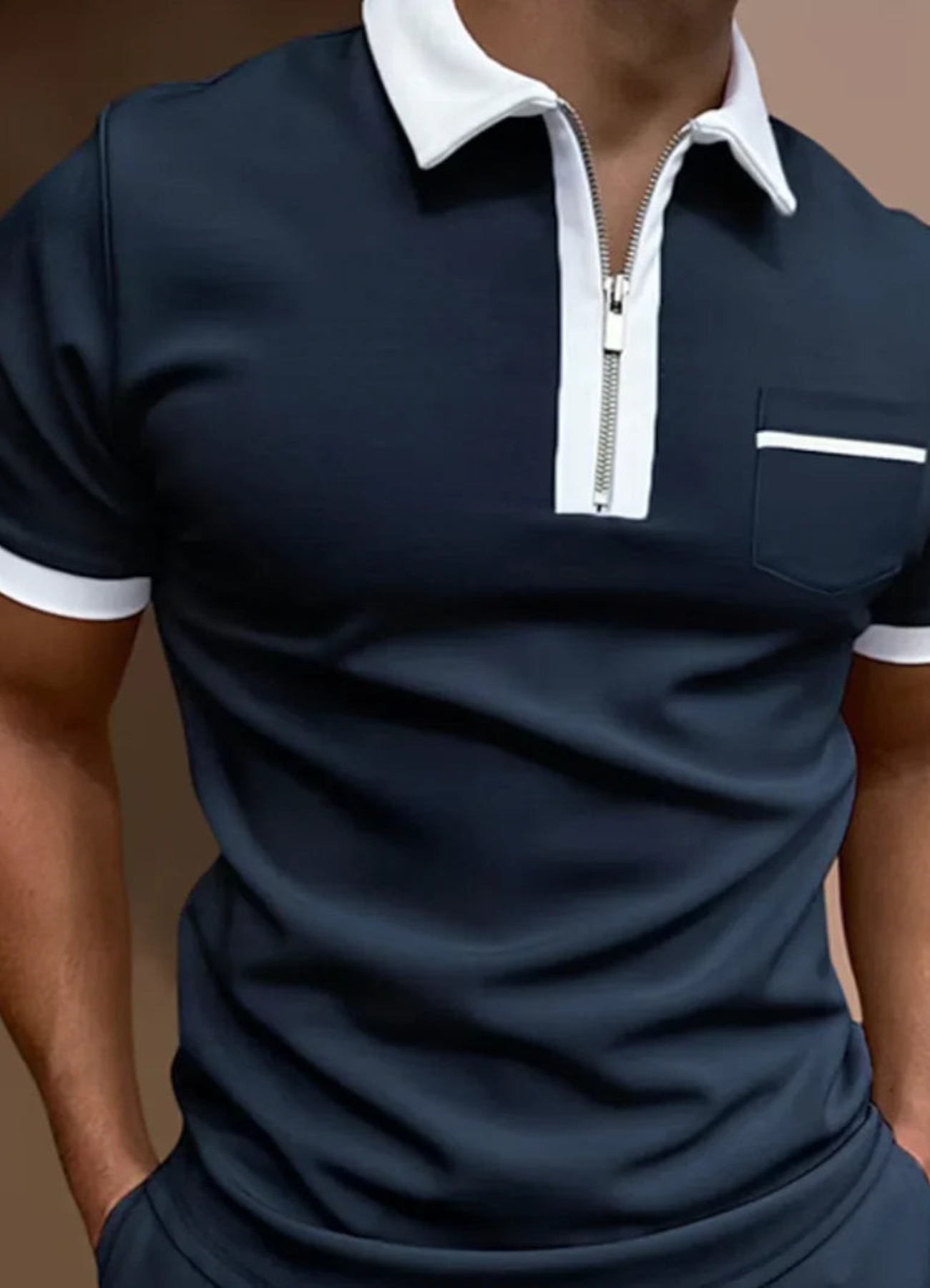 Men's polo shirt casual attire with zip-up design - short sleeve top with chest pocket for weekend wear