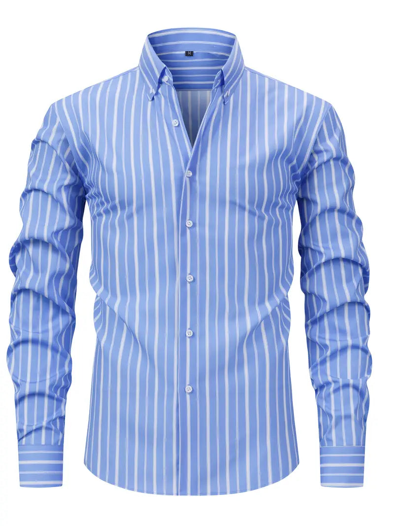 Men's long sleeve striped shirt - classic tailored fit for office and casual wear