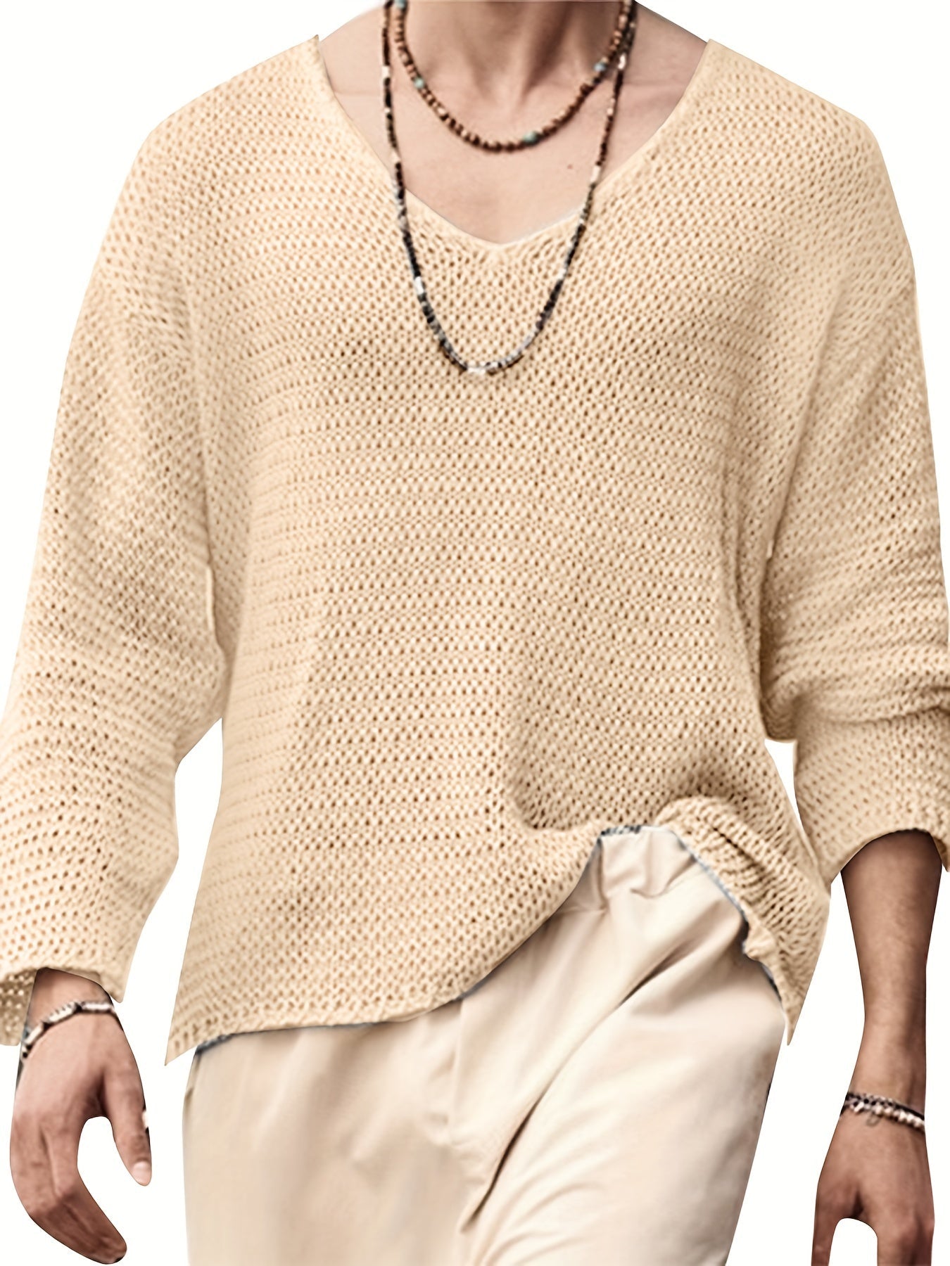 Men's lightweight v-neck knit top - trendy long sleeve casual wear for everyday comfort