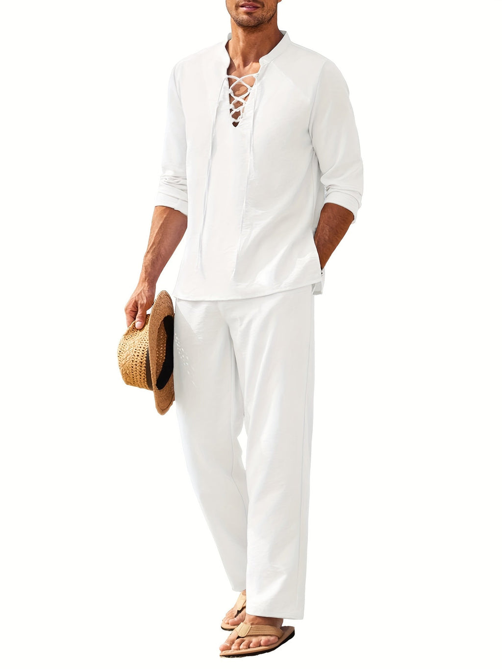 Men's long sleeve shirt and trouser set - contemporary relaxed fit ensemble for summer outings