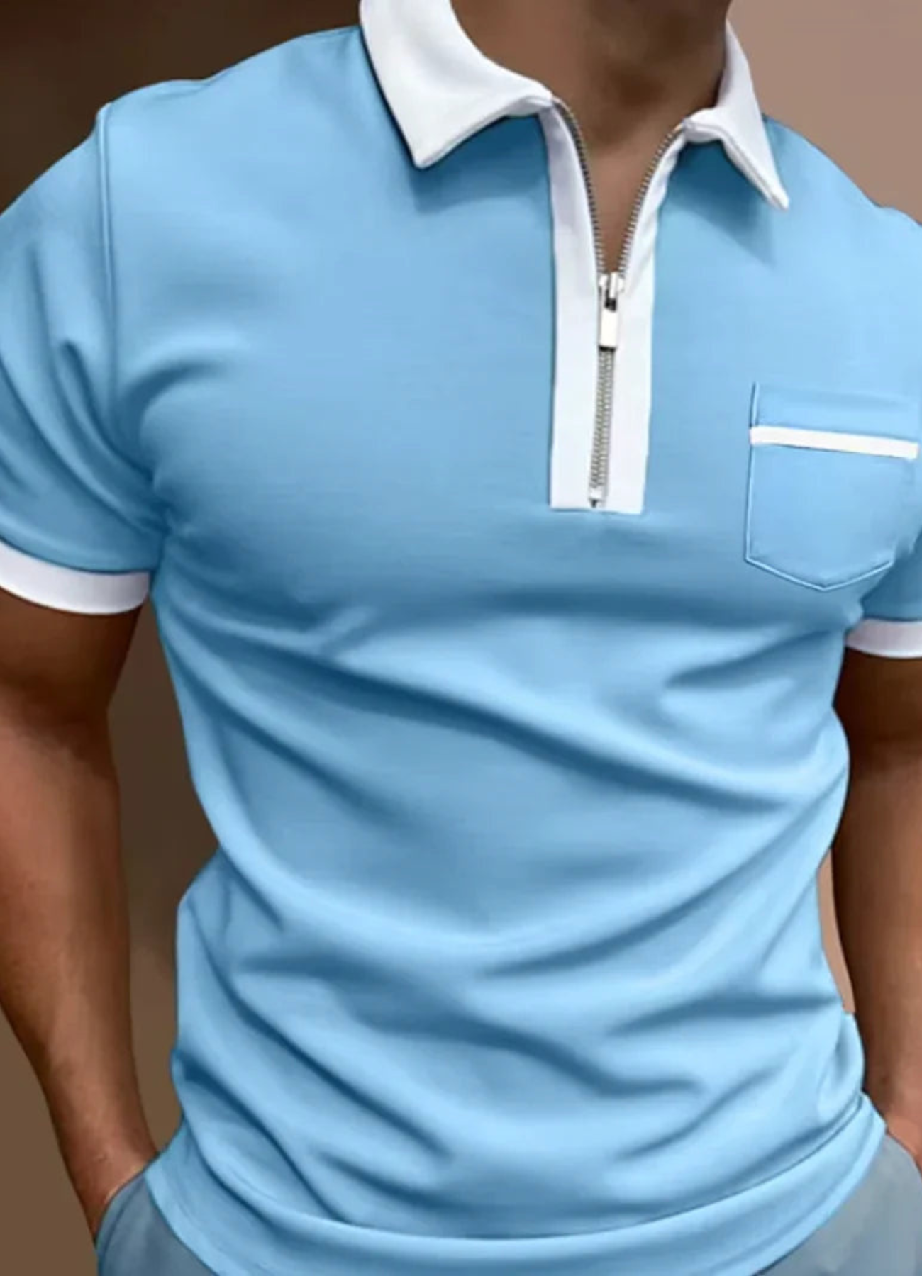 Men's polo shirt casual attire with zip-up design - short sleeve top with chest pocket for weekend wear