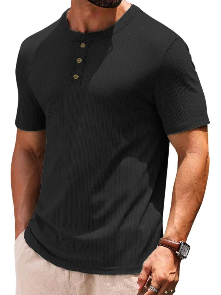 Men's t-shirt with buttons ribbed casual top - relaxed fit for everyday wear