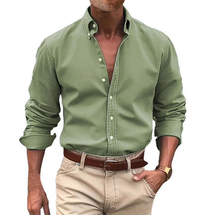 Men's button-up shirt durable long sleeve work attire - versatile office and casual wear