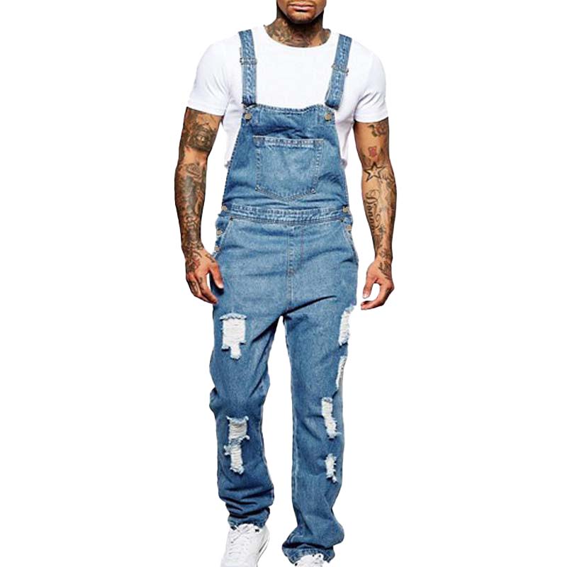 Men's distressed denim overalls casual wear - versatile loose-fit jumpsuit for everyday use