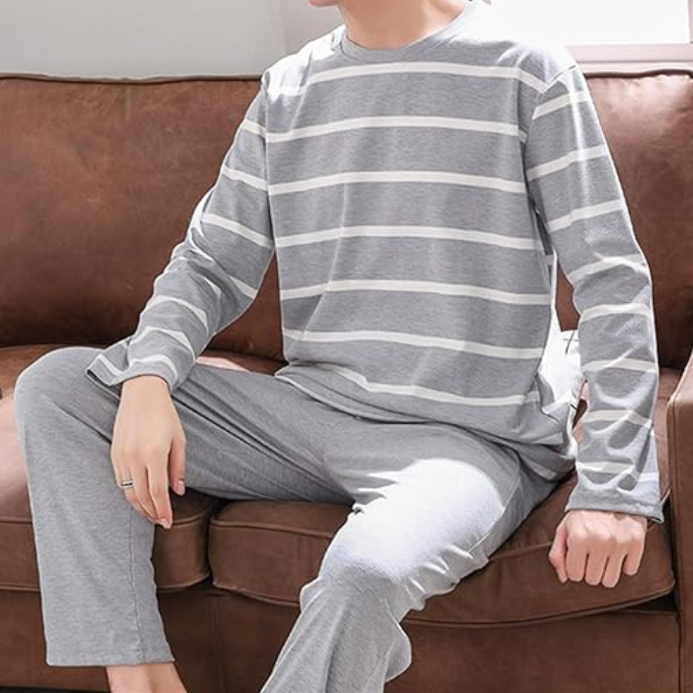 2-piece men's lounge set soft cotton pyjama set - casual sleepwear with long sleeve top and trousers